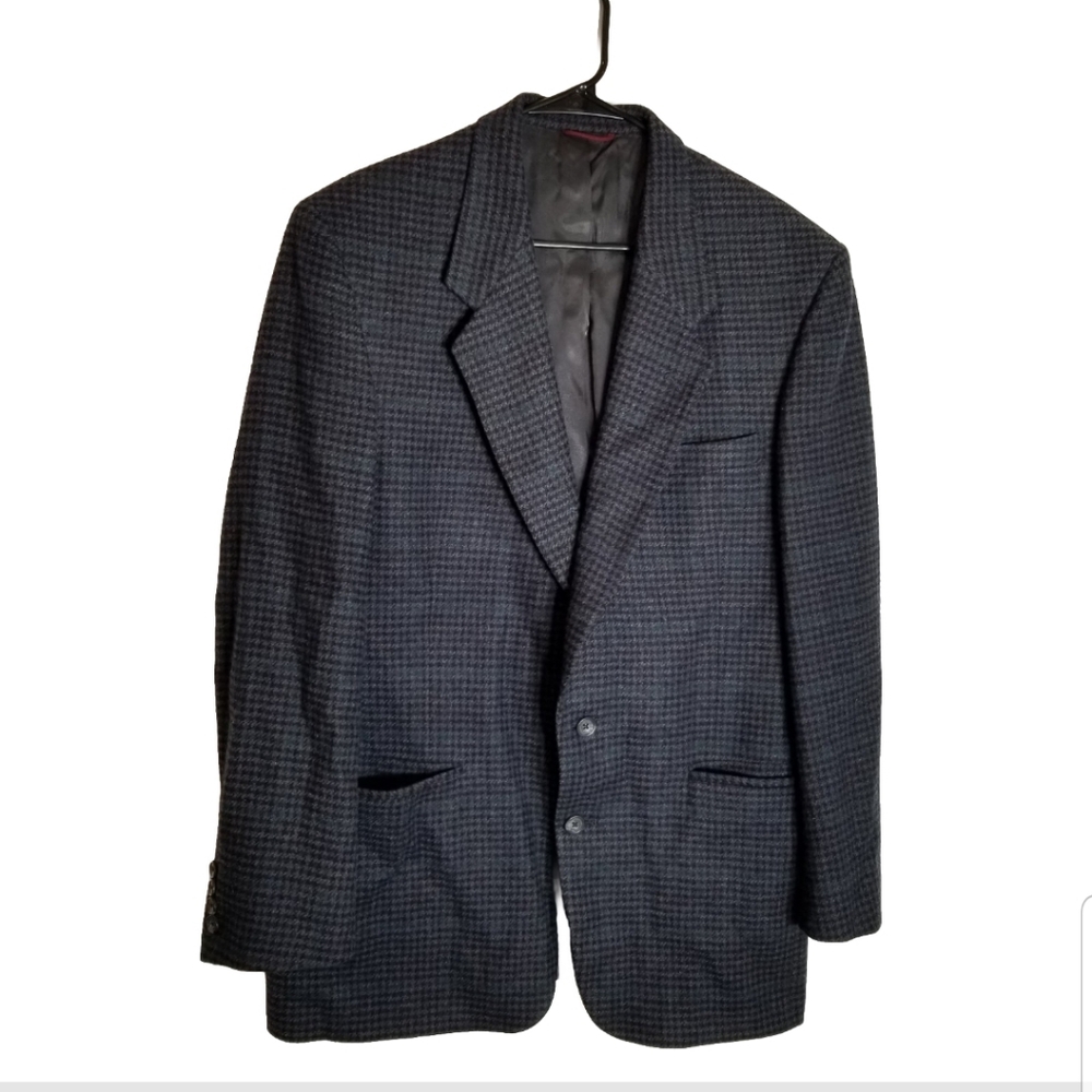 Hart Schaffner & Marx Sport Coat Men's 42L Blue Black Houndstooth Virgin Wool